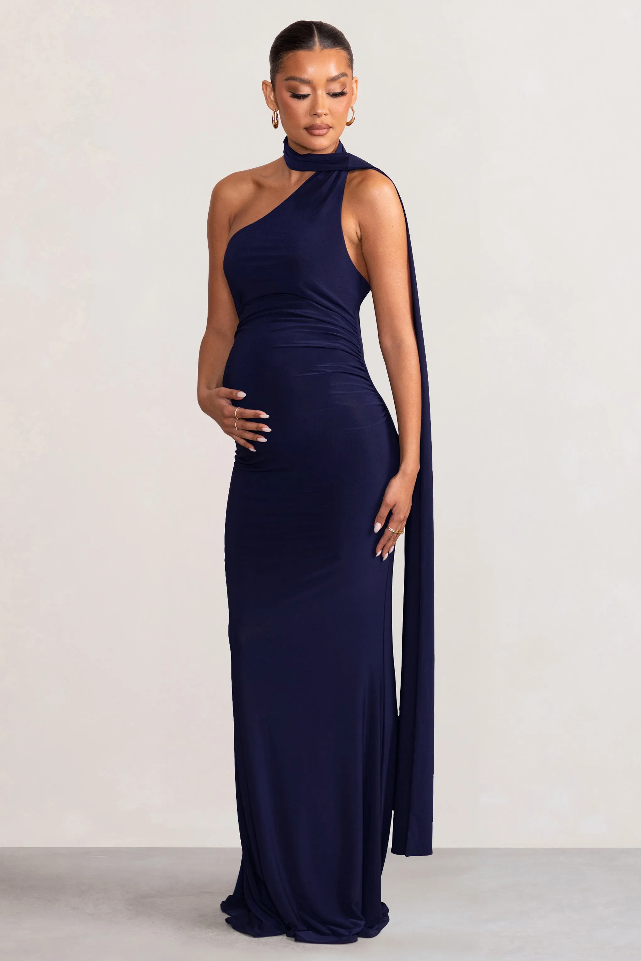 Alula | Navy Maternity Asymmetric Maxi Dress with Cape Detailing