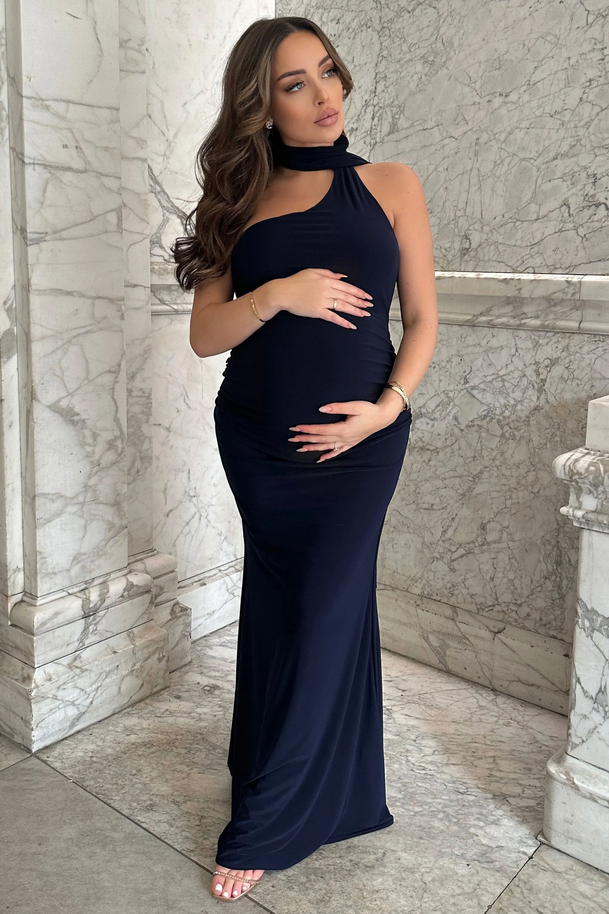 Alula | Navy Maternity Asymmetric Maxi Dress with Cape Detailing