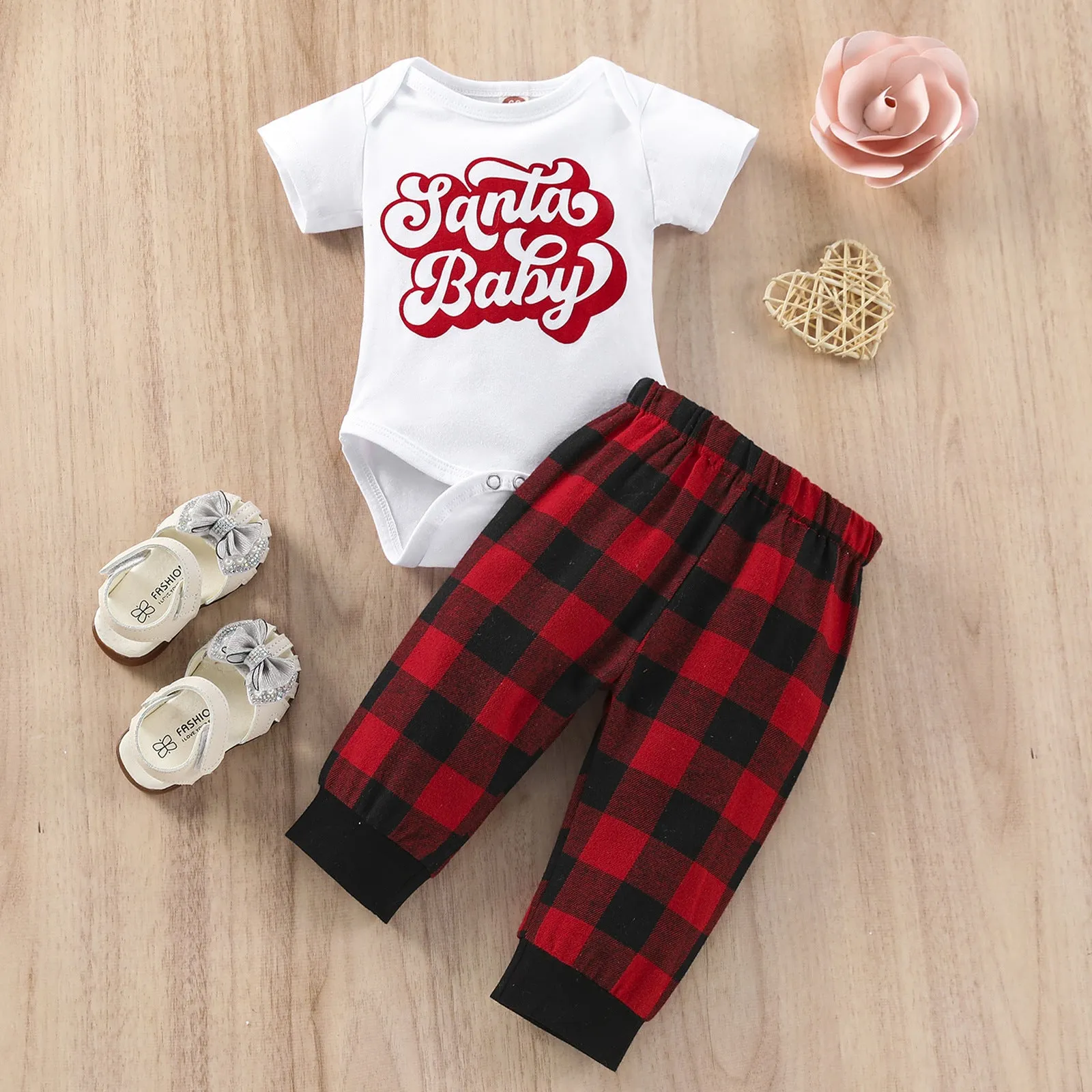 Baby Boys Girls Christmas Letters Short-sleeved Jumpsuit Plaid Print Pants Set