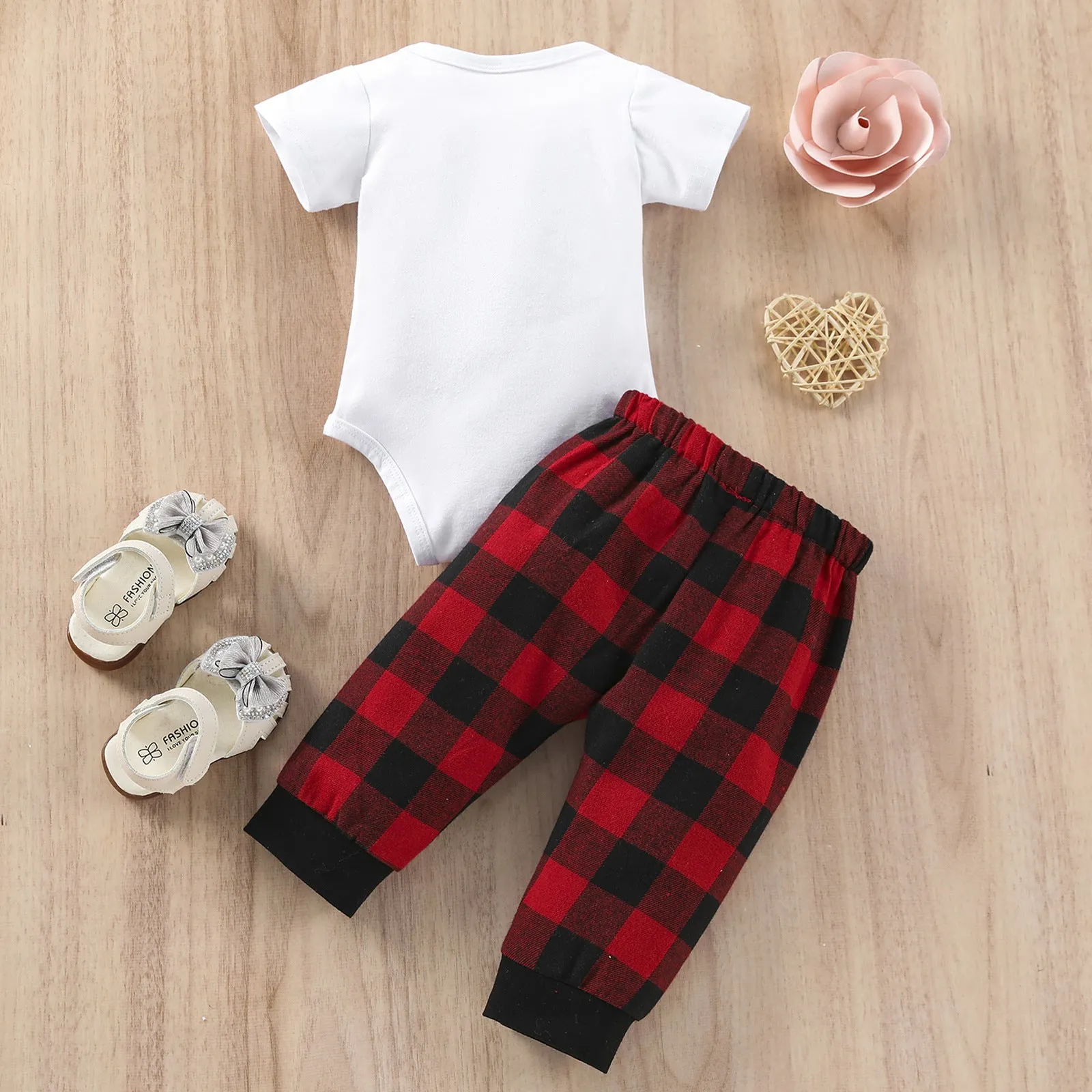 Baby Boys Girls Christmas Letters Short-sleeved Jumpsuit Plaid Print Pants Set