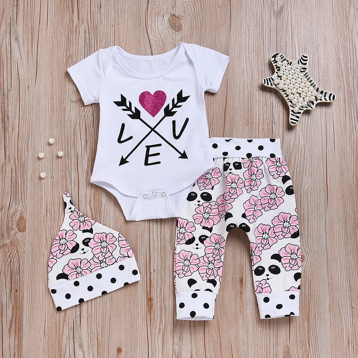 Baby Girls Solid Love Short Sleeve Romper Floral Print Pants Hat Set