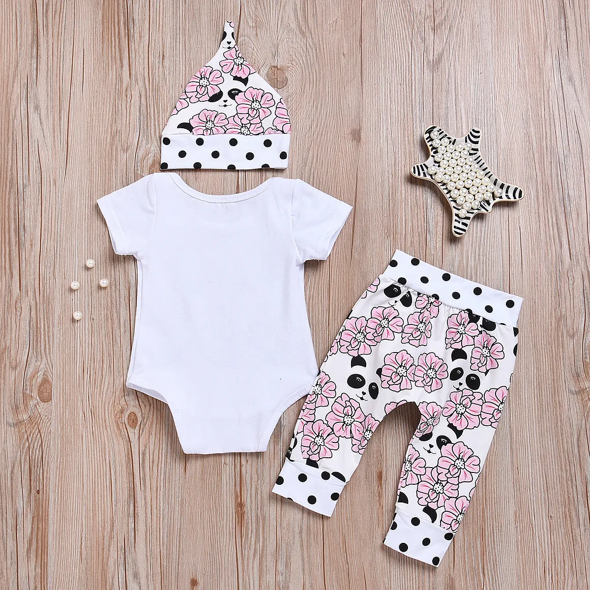 Baby Girls Solid Love Short Sleeve Romper Floral Print Pants Hat Set