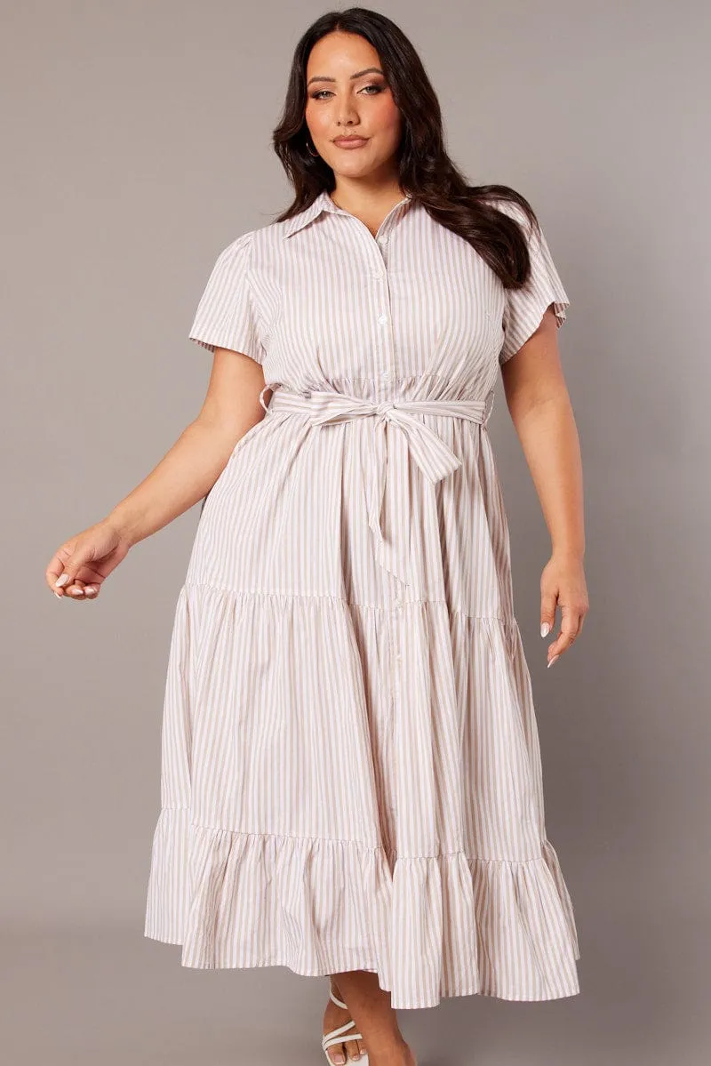 Beige Stripe Midi Dress Short Sleeve Shirt Tiered