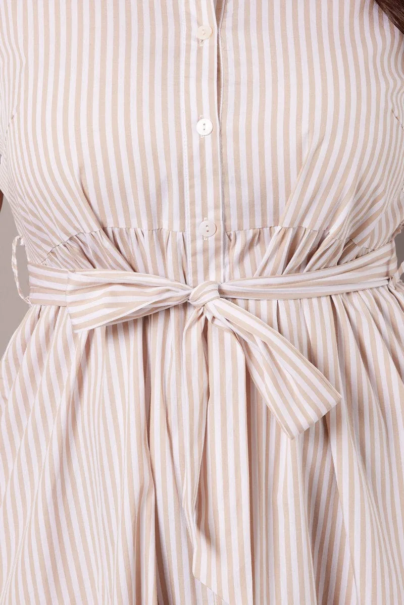 Beige Stripe Midi Dress Short Sleeve Shirt Tiered