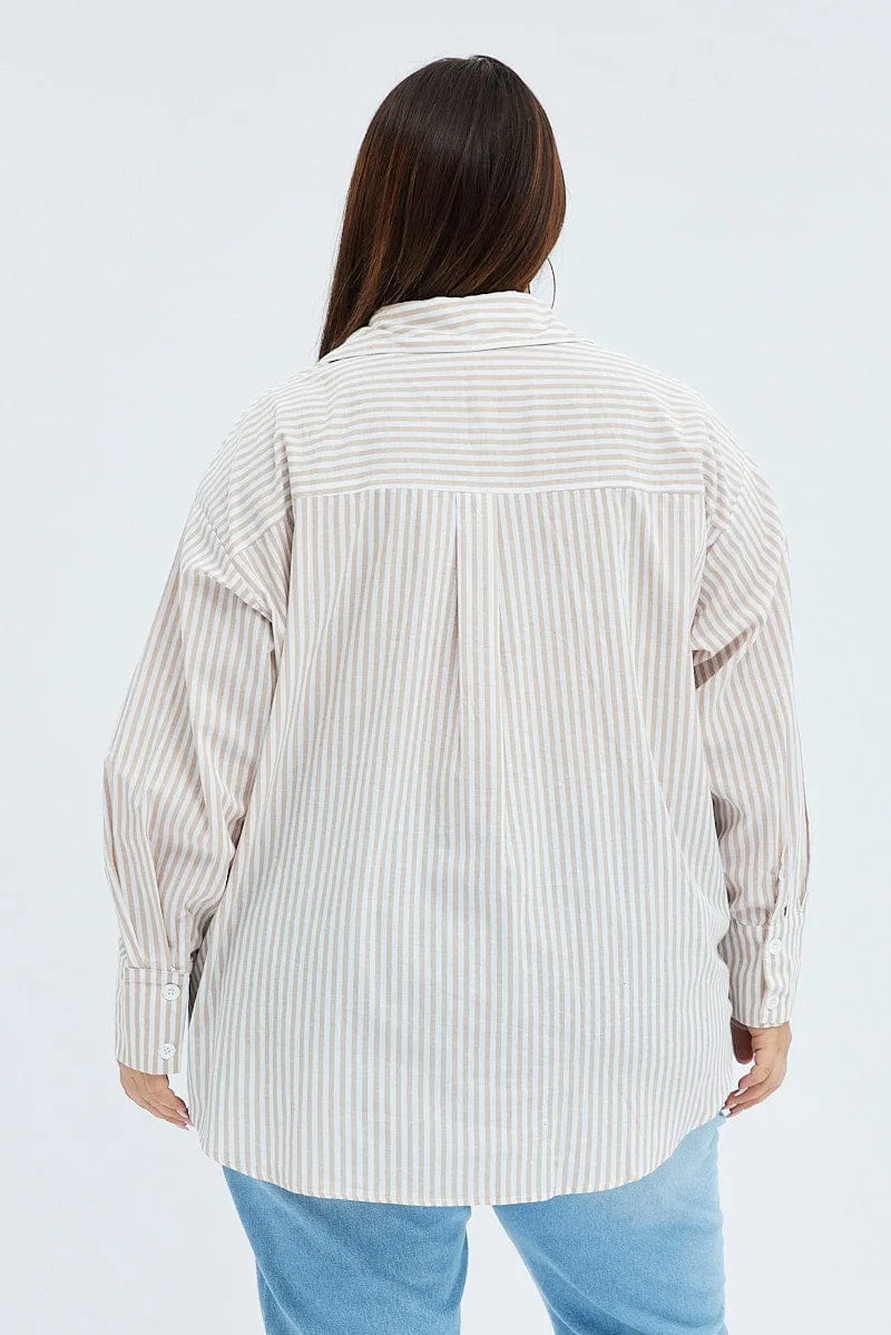 Beige Stripe Relaxed Shirt Long Sleeve