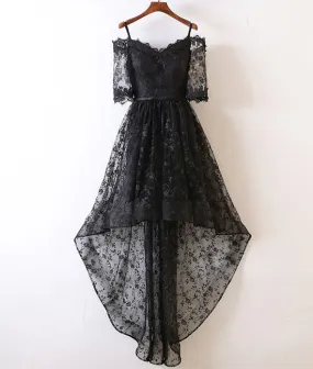 Black lace high low prom dress, black lace evening dress