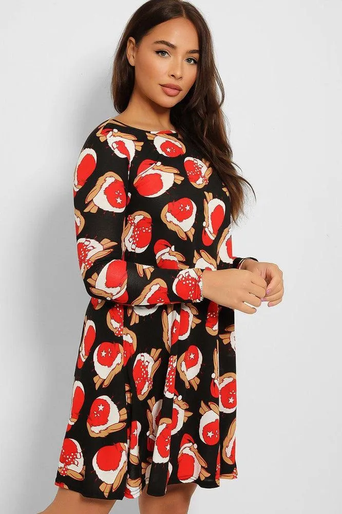 Elegant Black and Red Robin Print Christmas Dress for Women - Festive Holiday Attire with Seasonal Charm