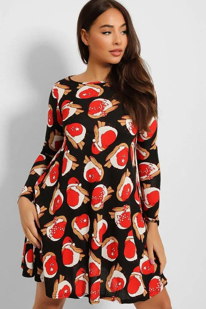 Elegant Black and Red Robin Print Christmas Dress for Women - Festive Holiday Attire with Seasonal Charm