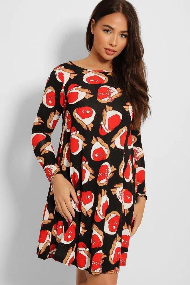 Elegant Black and Red Robin Print Christmas Dress for Women - Festive Holiday Attire with Seasonal Charm