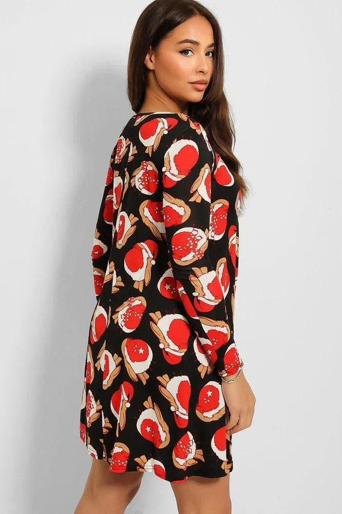 Elegant Black and Red Robin Print Christmas Dress for Women - Festive Holiday Attire with Seasonal Charm