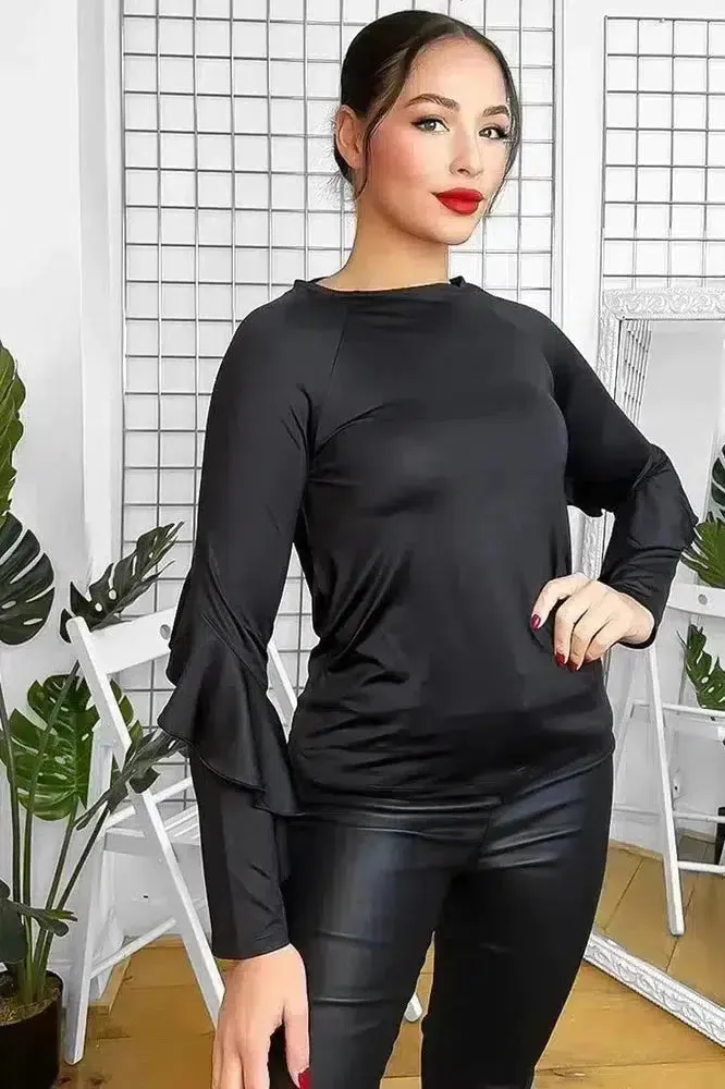 Black Satin Frill Sleeves Blouse