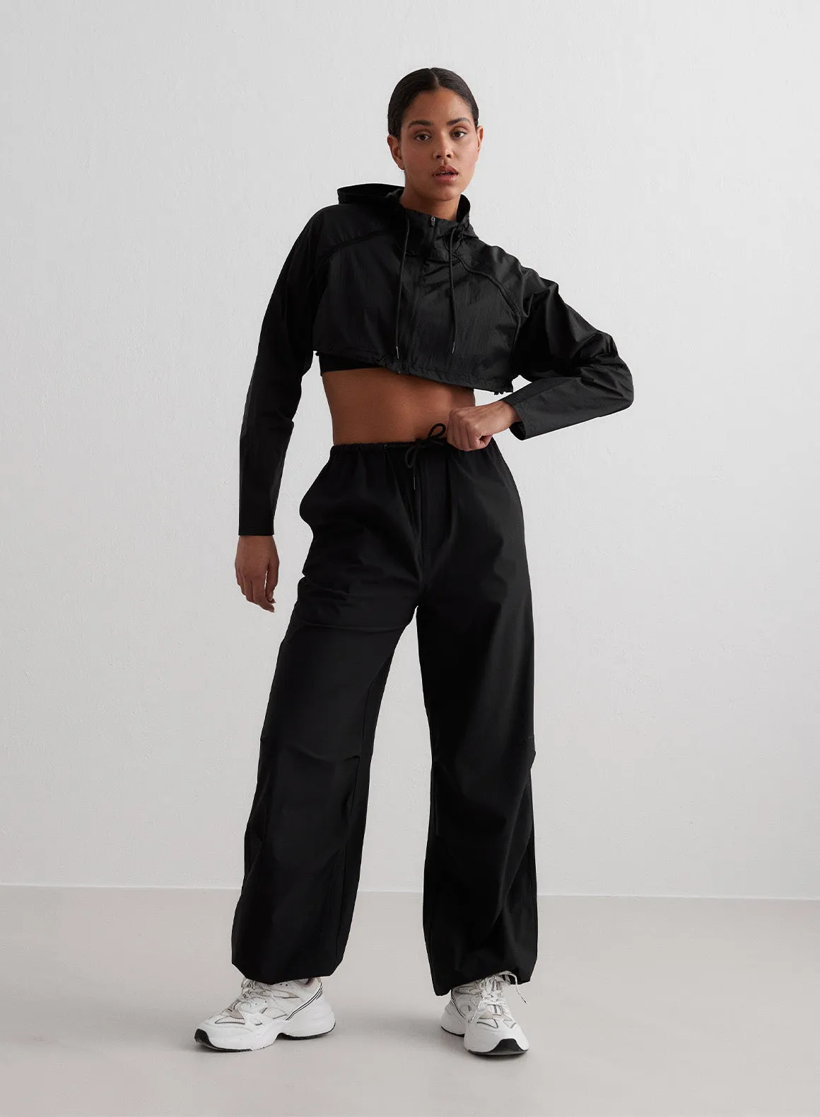 Black Windbreaker Plain Parachute Pants