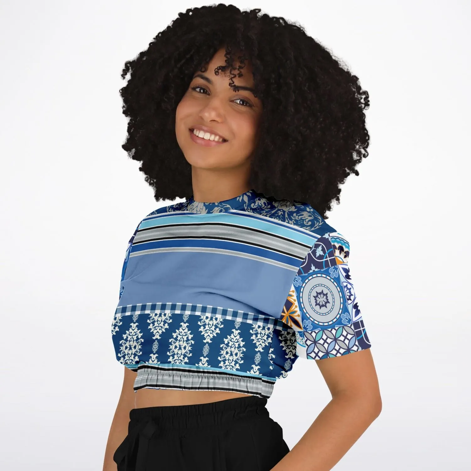 Blue Agadir Moroccan Tile Short Sleeve Cropped Eco-Poly Sweater