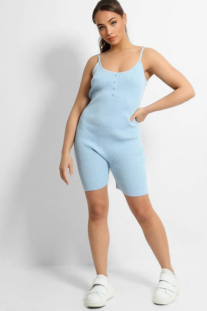 Blue Soft Rib Knit Button Details Cami Romper