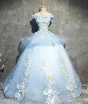 Blue tulle lace applique long prom gown, blue evening dress