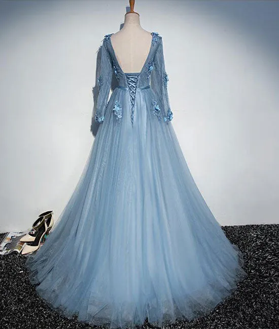 Blue v neck tulle lace long prom dress, blue evening dress