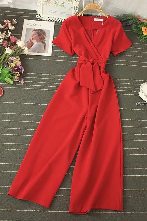 Bow Tie V Neck Short Sleeve Jumpsuit