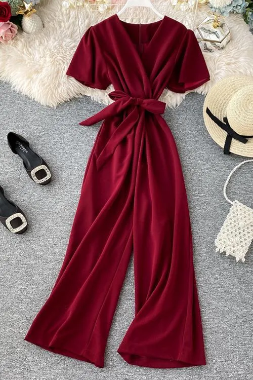 Bow Tie V Neck Short Sleeve Jumpsuit