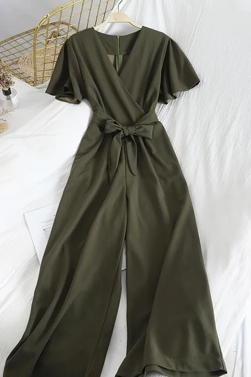 Bow Tie V Neck Short Sleeve Jumpsuit