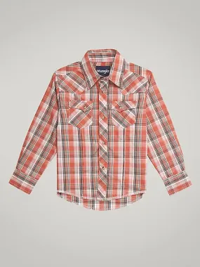 BOYS ORANGE PLAID WRANGLER SNAP LONG SLEEVE SHIRT