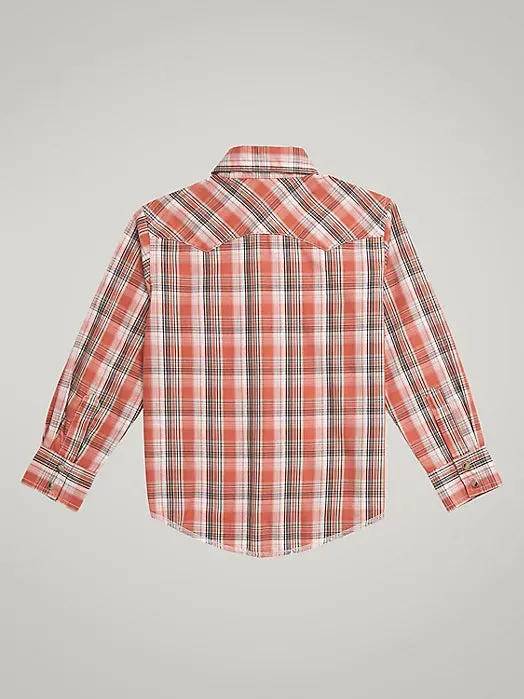 BOYS ORANGE PLAID WRANGLER SNAP LONG SLEEVE SHIRT