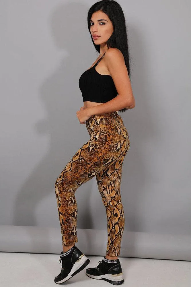 Brown Python Print High Waist Leggings