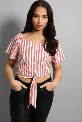 Buttoned & Tie Up Front Stripy Top