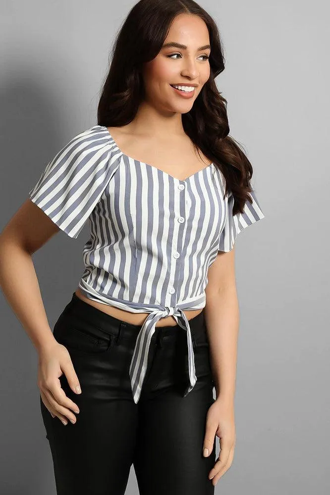 Buttoned & Tie Up Front Stripy Top