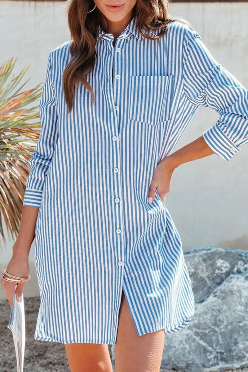 Casual Elegant Striped Patchwork Shirt Collar Shirt Dress Dresses