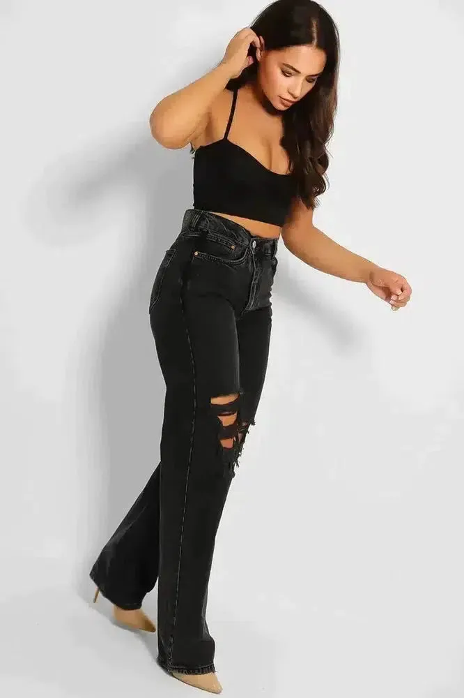 Charcoal Black Ripped Front Asymmetric Zip Wide Leg Jeans