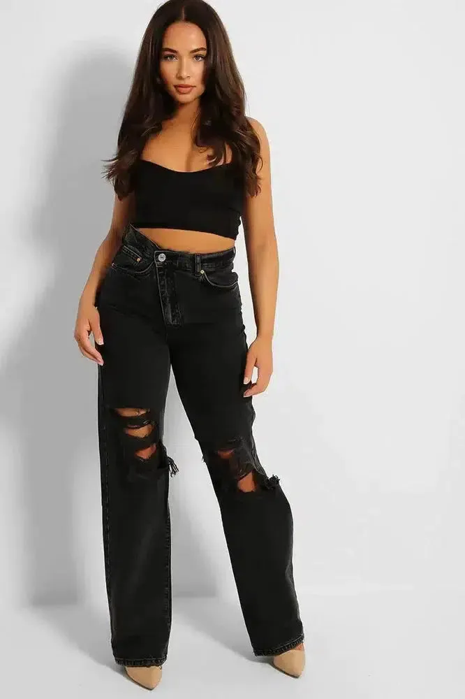 Charcoal Black Ripped Front Asymmetric Zip Wide Leg Jeans