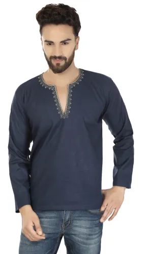 Cotton Dress Mens Short Kurta Shirt India Clothing (Blue)