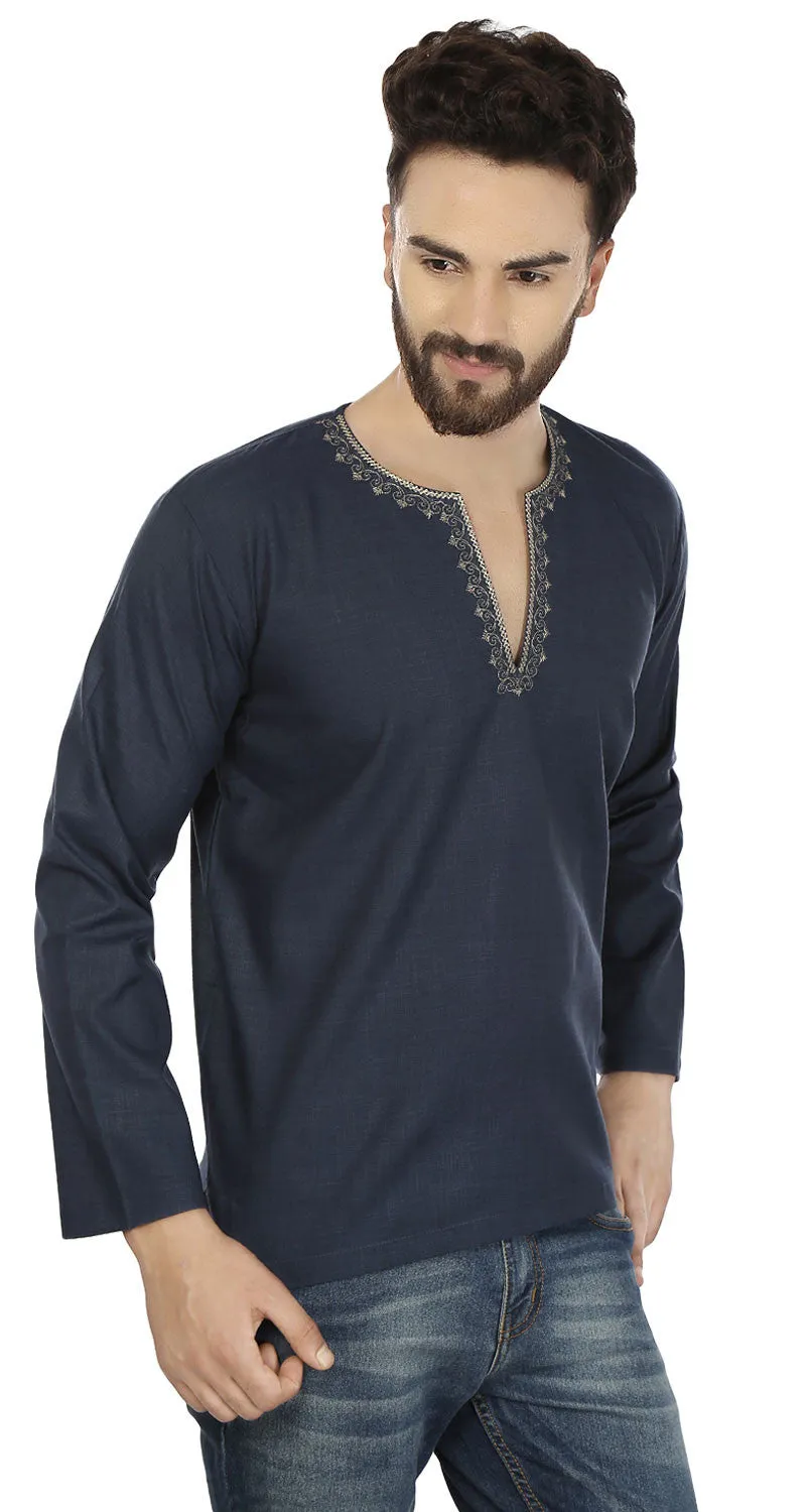 Cotton Dress Mens Short Kurta Shirt India Clothing (Blue)