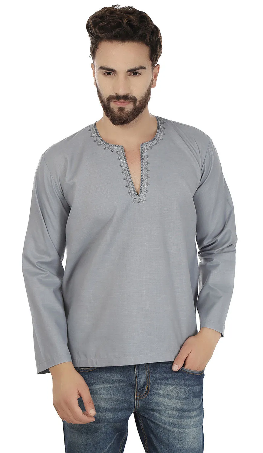 Cotton Dress Mens Short Kurta Shirt India Clothing (Grey)