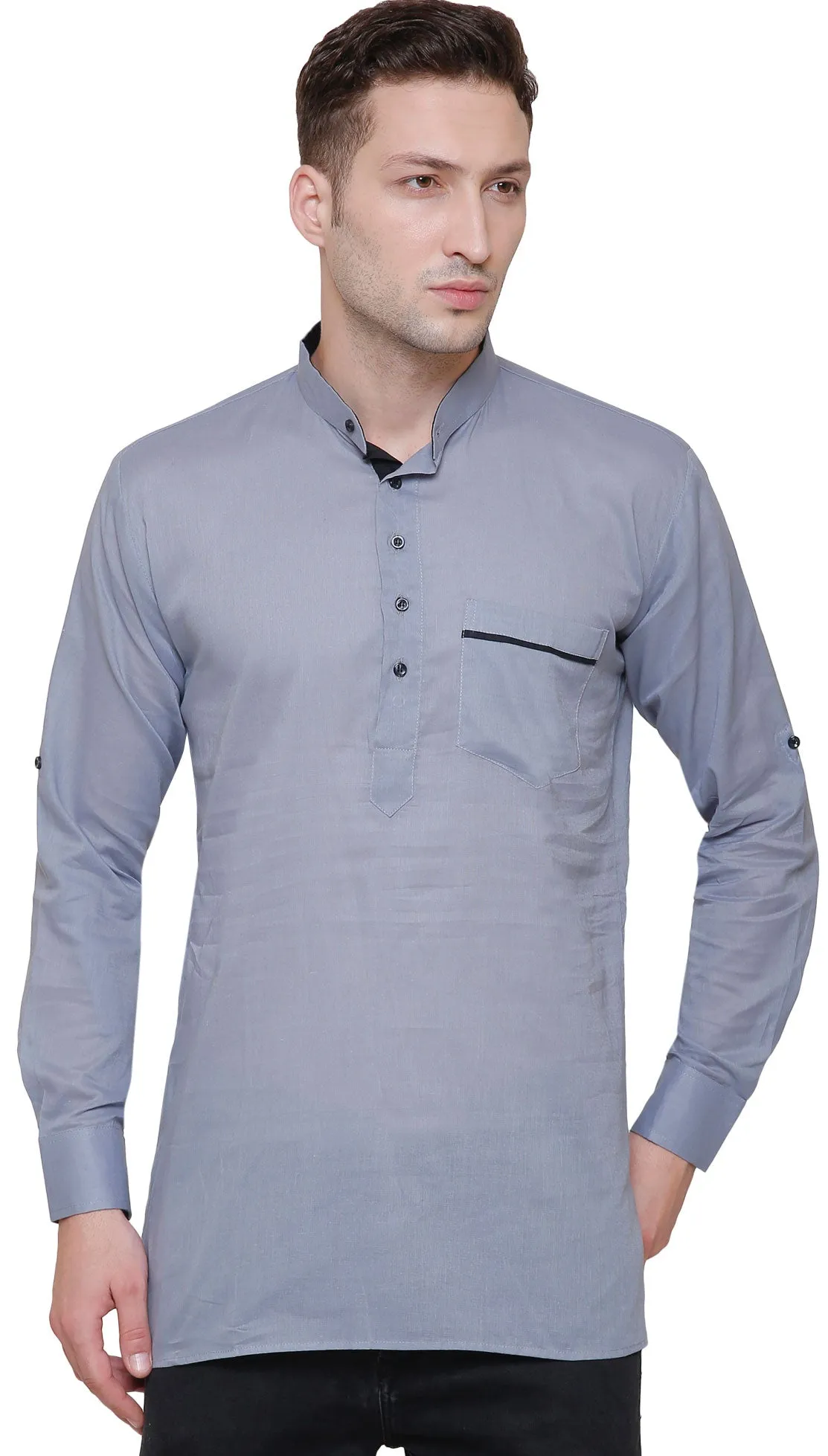 Cotton Mens Designer Short Kurta Fashion Indian Clothing (Grey)