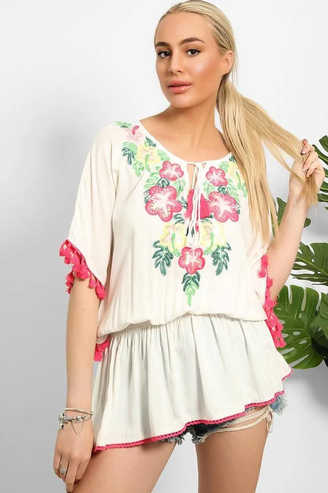 Cream Multicolour Embroidery Summer Tunic