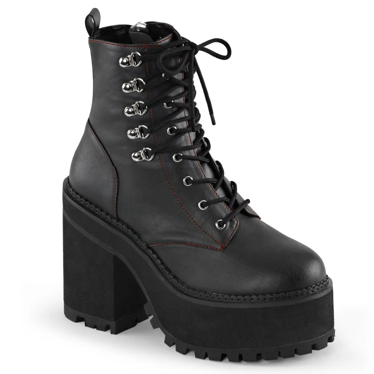 Demonia ASSAULT-100 | Stylish Black Vegan Leather Ankle Boots for a Bold Fashion Statement