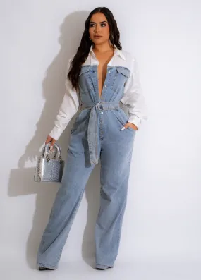 Denim Patchwork Tie Waist Pockets Jumpsuit