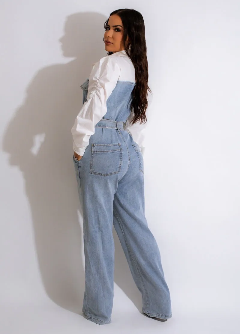 Denim Patchwork Tie Waist Pockets Jumpsuit