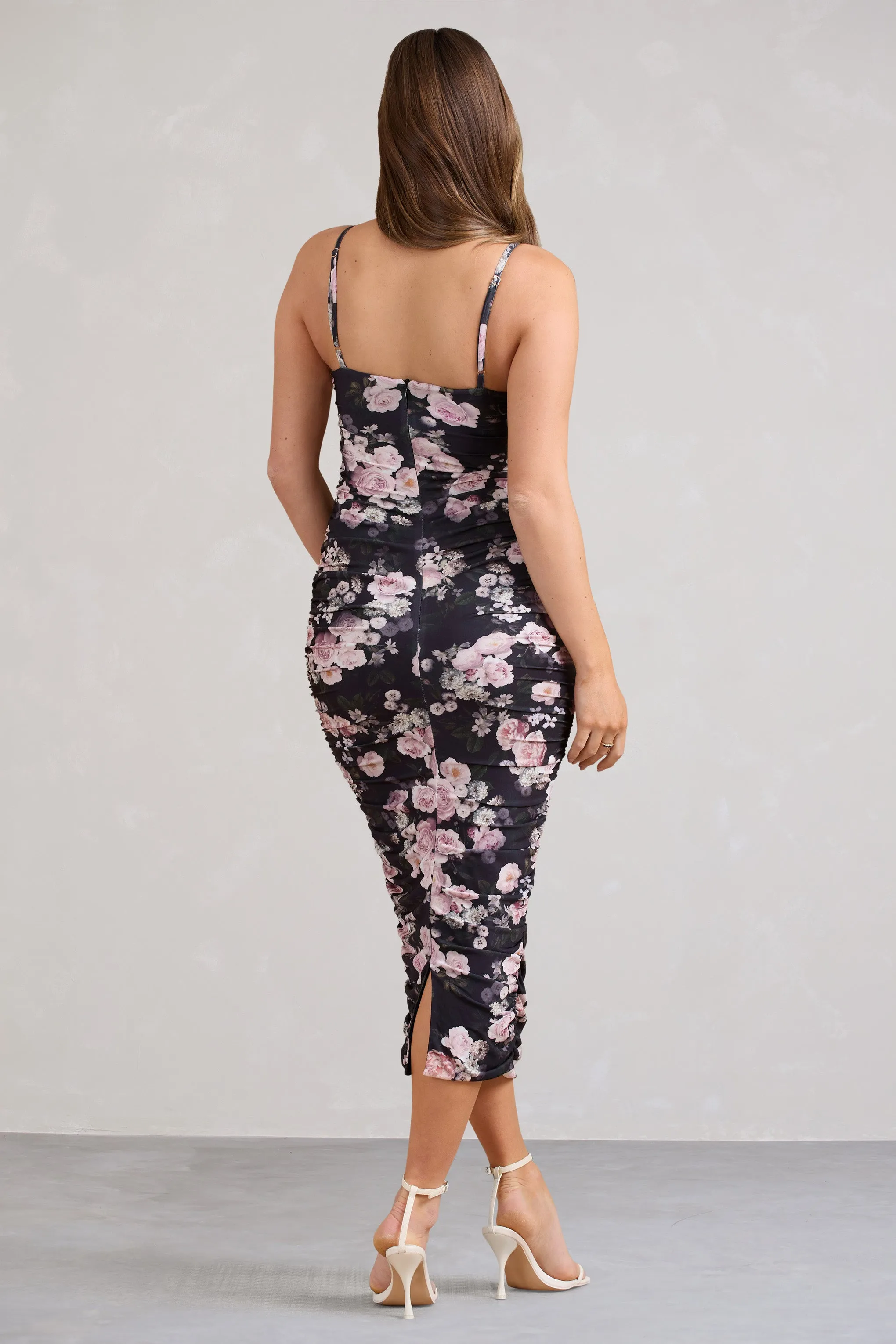 Desired | Black Floral Maternity Cami Midi Dress with Twist Plunge