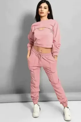 Dusty Pink Cropped Top 3 Piece Tracksuit