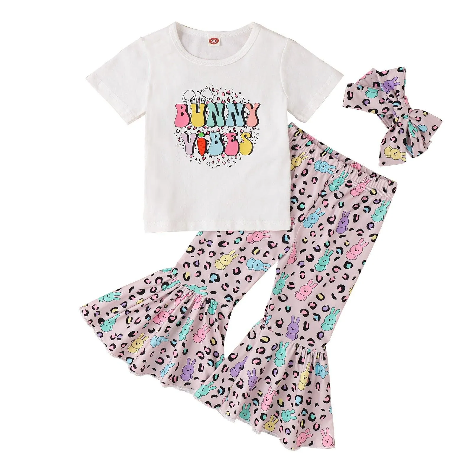 Easter Girls' Letter Printing Short-sleeved Rabbit Flare Trousers Three-piece Set