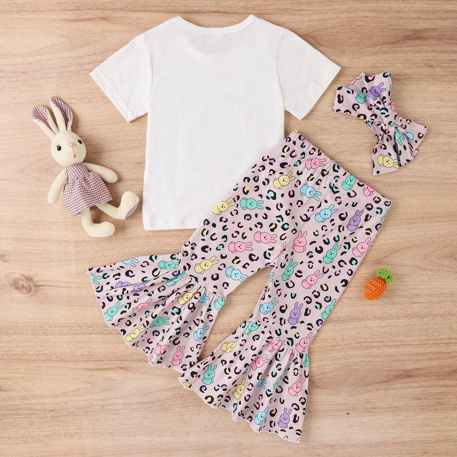 Easter Girls' Letter Printing Short-sleeved Rabbit Flare Trousers Three-piece Set