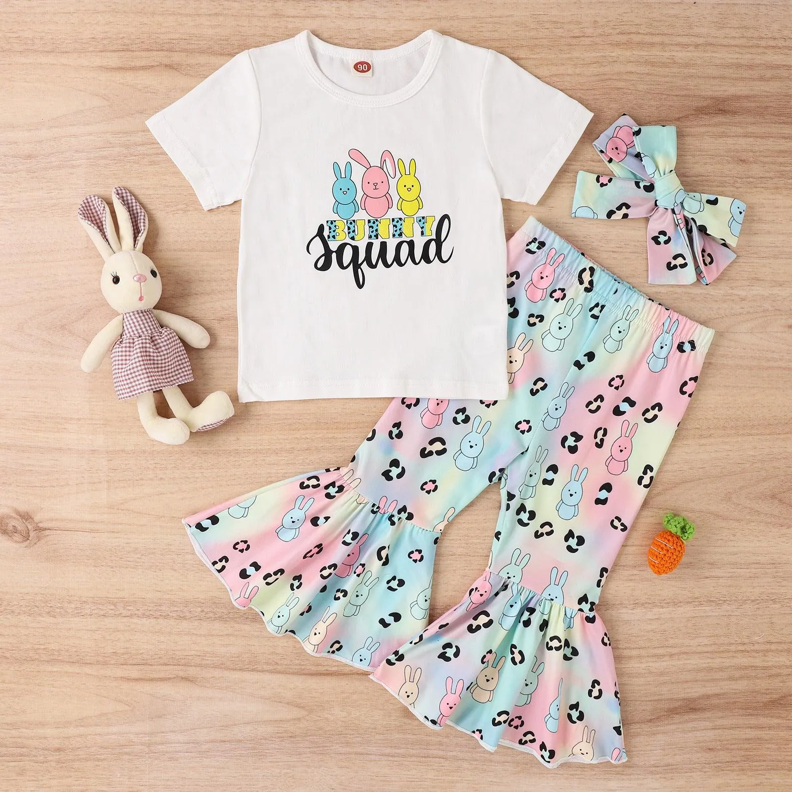 Easter Girls' Letter Printing Short-sleeved Rabbit Flare Trousers Three-piece Set