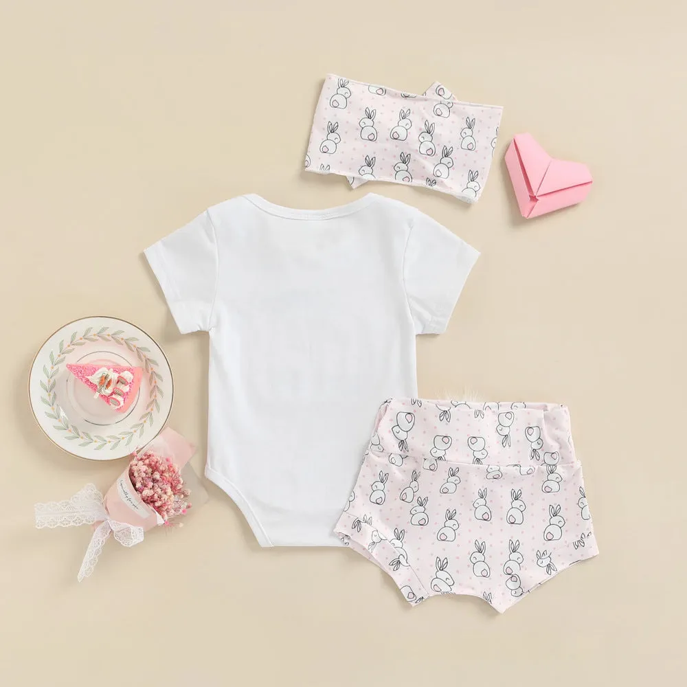 Easter Short Sleeve Baby Bodysuit Cartoon Rabbit Hair Ball Shorts Hair Band Set