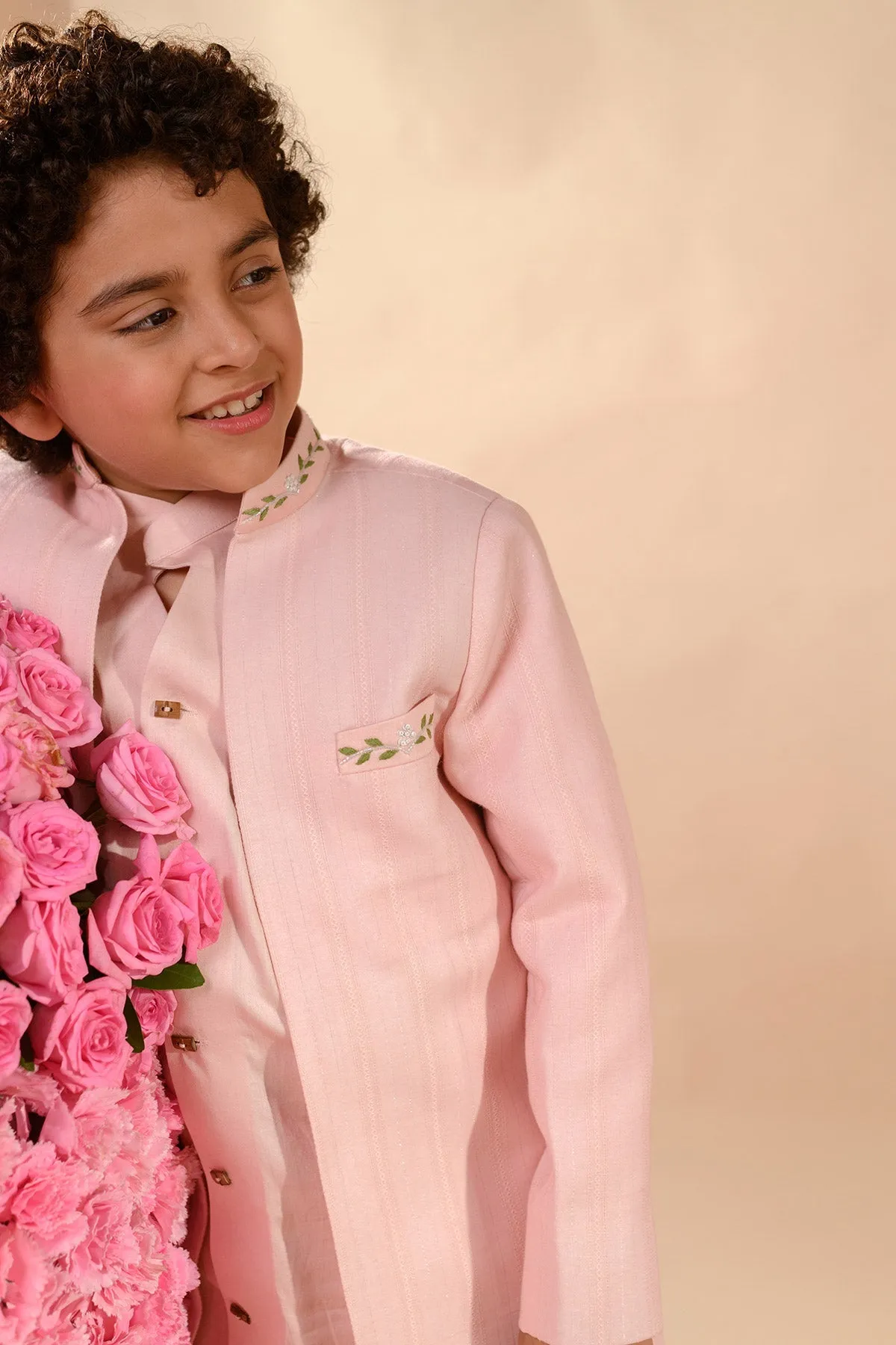 Farrokh - Embroidered Organic Cotton Dobby Pink Achkan