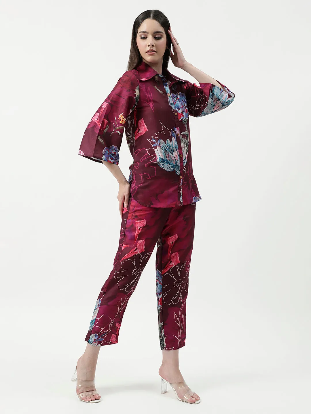 Floral Digital Printed Loungewear Shirt With Pant Set