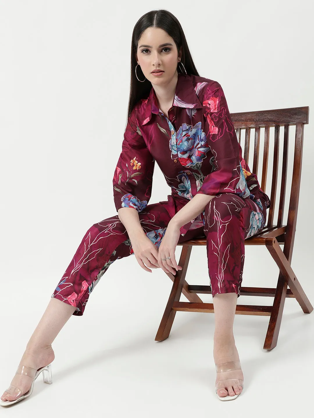 Floral Digital Printed Loungewear Shirt With Pant Set