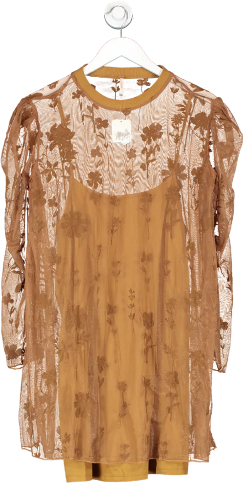 Free People Brown Cecelia Lace Mini Dress UK L