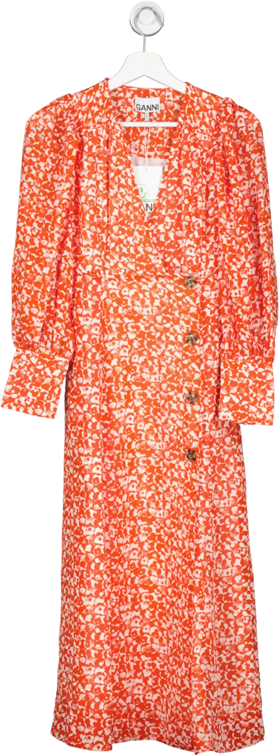 Ganni Orange Balloon-sleeve Floral-print Crepe Midi Dress UK 4